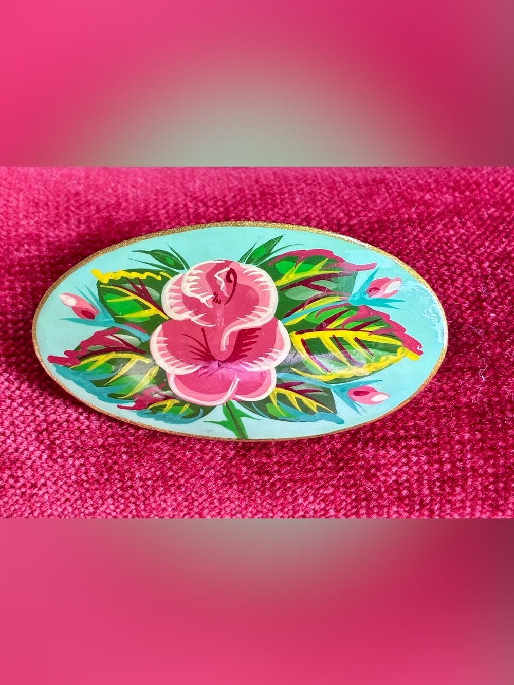 Hand-Painted Pink Floral Oval Brooch